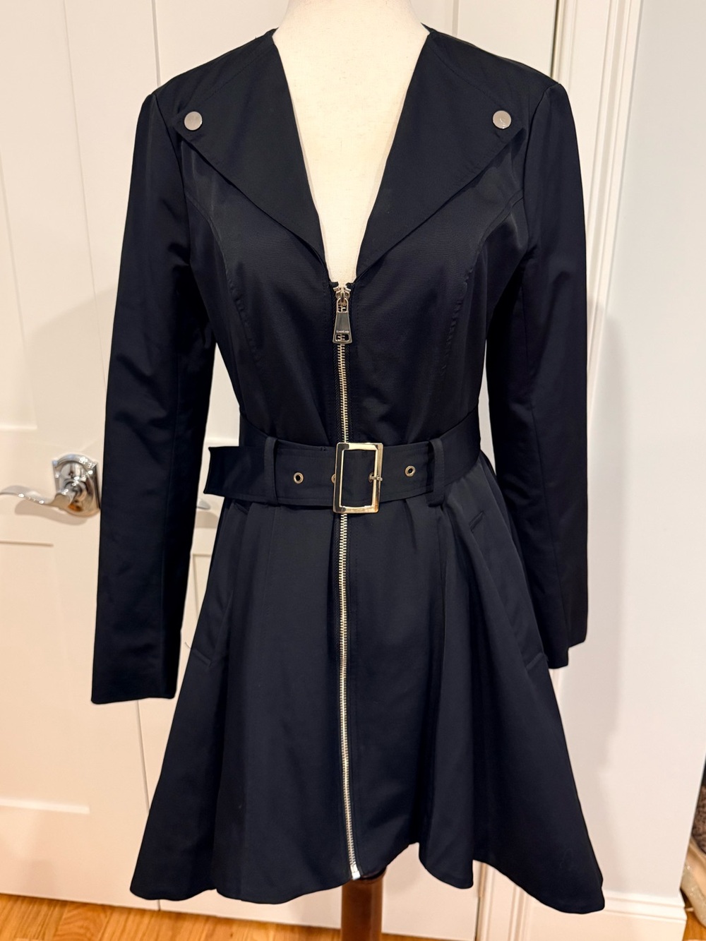 bebe Black Fit and Flare Zip Front Belted Trench Coat